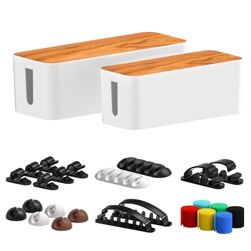 Cable Management Box 2 Pack with 16 Cable Clips Set-Large & Medium & Small Wooden Style Cable Organizer Box to Hide Wires&Power Strips | Cord Organizer Box | Cable Organizer for Home & Office [White]