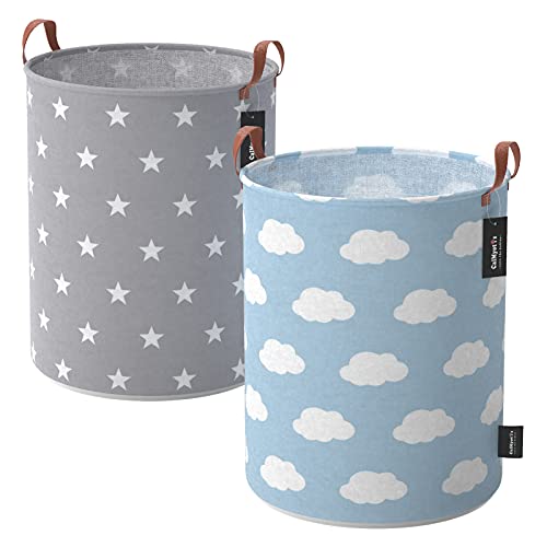 Image of CalMyotis Large Laundry Hamper, Waterproof, Durable, Portable, XL Size, Blue Clouds & Stars