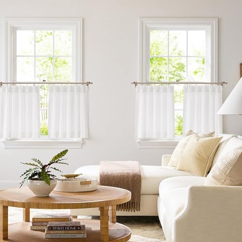 Image of Vision Home White Pinch Pleated Tier Curtains 36 inch, Semi Sheer Kitchen Curtains with Back Tab & Hooks, Light Filtering Small Window Panels for Bathroom Laundry, 25 inch Wx36 Lx2