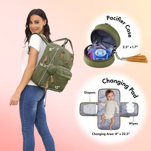 Image of Dikaslon Diaper Bag Backpack with Portable Changing Pad, Pacifier Case and Stroller Straps, Large Unisex Baby Bags for Boys Girls, Multipurpose Travel Back Pack Moms Dads, Green