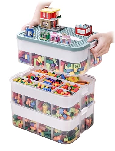 OSTWOLKE Scatola portaoggetti con coperchio per Lego, scatola trasparente a 3 livelli per piccole parti, scatola impilabile in plastica con manico e vassoio rimovibile e scomparti regolabili per