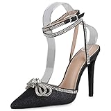 VAN HILL Damen Pumps High Heels Party Stiletto Schuhe Elegante Schleifen Strass Abendschuhe Spitze Glitzer Partyschuhe 206181 Schwarz 38