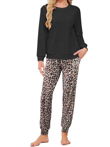 Famulily Pyjamas for Women Fleece Fuzzy Pajamas Sets Classic Round Neck Print Nightwear Lounge Pjs Leisure Suits with Pockets Leopard XXL