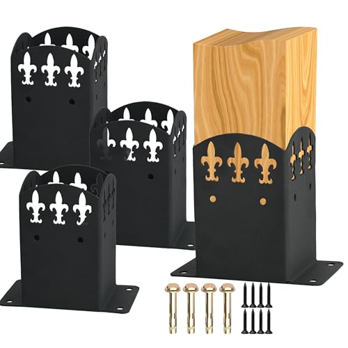 4 Pack Decorative 4x4 Post Base, Decorative Post Anchor Bracket for Wood Posts, Pattern Style Steel Post Support, Outdoor Powder Coated for Pergola Fence Deck Patio.