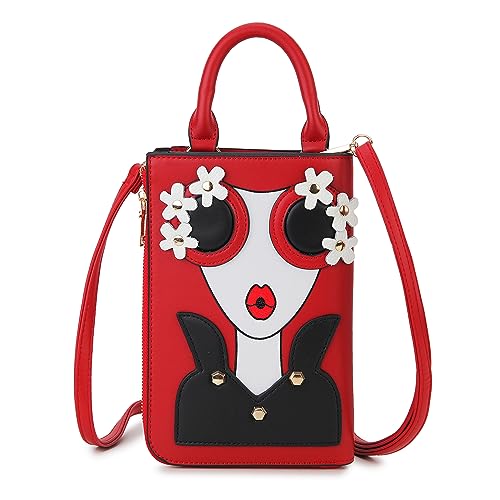 ENJOININ Women Novelty Lady Face Shoulder Bags Funky PU Leather Top Handle Satchel Handbags Clutch Purse for Women, Red-2b