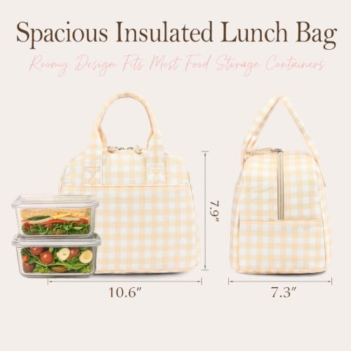 Image of LOVELYWIND Lunch Box for Women,Insulated Lunch Bag,Yellow Plaid Tote 9L