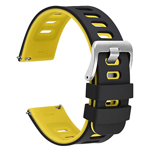 WOCCI 20mm Bicolor Correa Reloj de Silicona, Correas de Liberación Rápida para Hombre y Mujer, Hebilla Plateada (Negro-Amarillo)