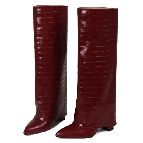 Lyrisiphy Knee High Slouchy Boots Women Fold Over Chunky High Heeled Wide Calf Boots Pointed Toe Shark Casual Tall Boots with Half Side Zipper2