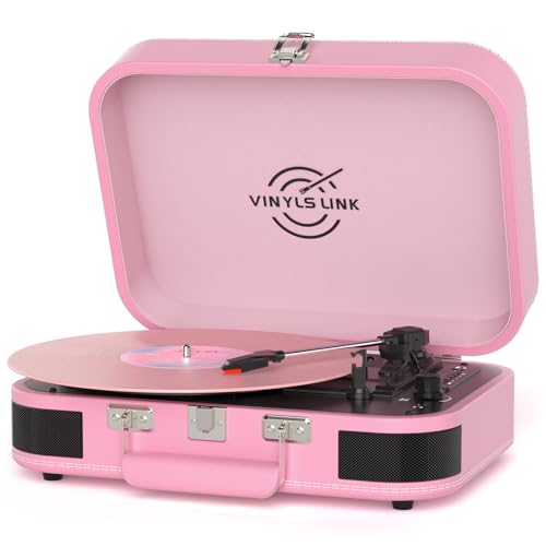 Image of VINYLS LINK Vinyl Record Player 3 Speed Bluetooth Turntable Belt Drive LP Play Portable Suitcase Record Player Built-in Speaker with EQ Mode USB Recording RCA Output /AUX Input Headphone Jack Pink