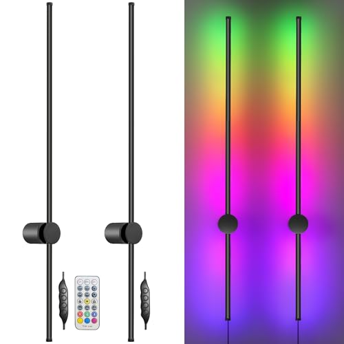 RGB LED Wall Sconces Set of Two with Remote, 15 Color Modes, Dimming, DIY 180° Rotate, Black Plug in Wall Sconces with Warm Light, Dynamic Multicolor Ambience Lights, Plug in Wall Light, 39.4 Inches