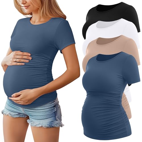 Huukeay 4 Pack Women's Maternity Shirts, Crew Neck Maternity Top Short Sleeve Casual Cotton Tee Side Ruched Pregnancy Clothes