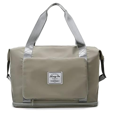 Macolily Travel Duffle Bags, Large Capacity Expandable Folding Travel Bag with Trolley Sleeve for Women, Wet&Dry Separation Sports Gym Bag for Travel, Sports, Fitness, Family Travel (Grey) Cover