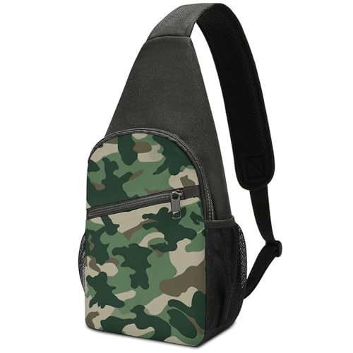 Bolso tipo sling camuflado verde para senderismo y viajes