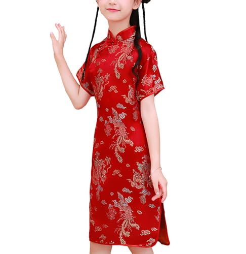 Girls Chinese Qipao Dress Dragon Pattern Short Sleeve Cheongsam Costume for Birthday Party Wedding (US, Age, 9 Years, 10 Years, Red Dragon)