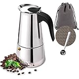 Owoda Cafetera Italiana Inducción (Bobina Mínima de 74 mm), 4 Tazas 200ml Cafetera Moka de Acero INOX, Cafetera Espressos con Posavasos, Cucharas, Uso Doméstico y en la Oficina, Plata