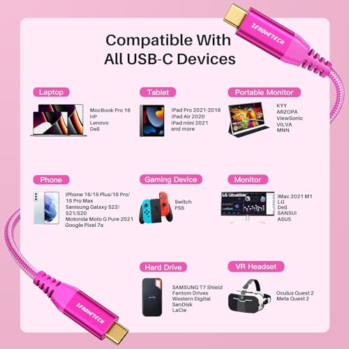 Image of ZeroneTeck USB C Monitor Cable [1ft, Pink], 20Gbps High-Speed Data Transfer, 4K@60Hz Display Video Output, USB 3.2 Gen 2x2 100W Charging for iPhone 17,MacBook,iPad,Dell,HP,KYY,ARZOPA,Portable Monitor