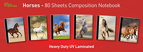 New Generation – Horses - Composition Notebooks, 80 Sheets / 160 Pages Wide Ruled Pages Comp Book, Durable Laminated Covers With Assorted Fashion Eye-Catching Designs, 6 Pack Notebooks #TOP4