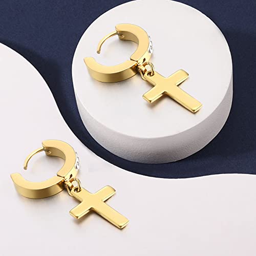 Qgoliver Cross Earrings For Men Stainless Steel Cubic Zircon Hinged Hip Hop Jewelry Dangle Huggie Hoop Earrings For Women,Gold Tone #TOP2