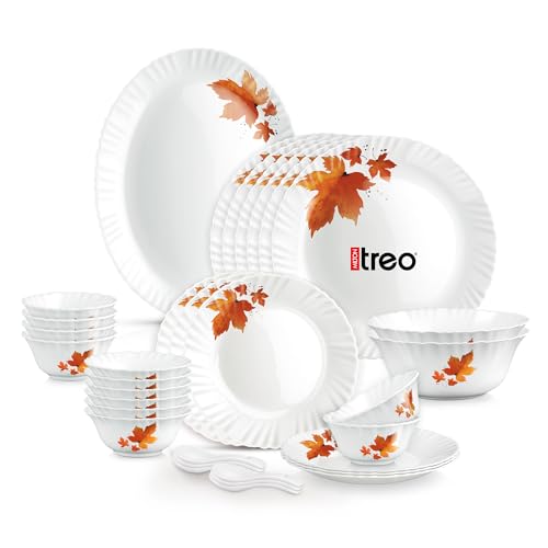 Image of Treo by Milton Opalware Aurelia Mapelle Dinner Set of 33 | Serving for 6 | Microwave & Dishwasher Safe | Bone-Ash Free | Tempered Toughness | Plates, Bowls, Spoons | Crockery Set for Dining & Gifting