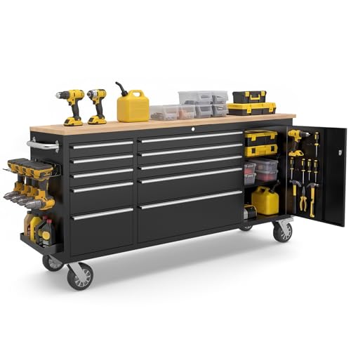 MUWOOD 72" Rolling Tool Chest, Heavy-Duty Tool Box with Power Outlet, Tool Cabinet with 10 Drawers, Rubber Wood Workbench with Key Locking System Drawer Liners for Garage Warehouse Repair Shop