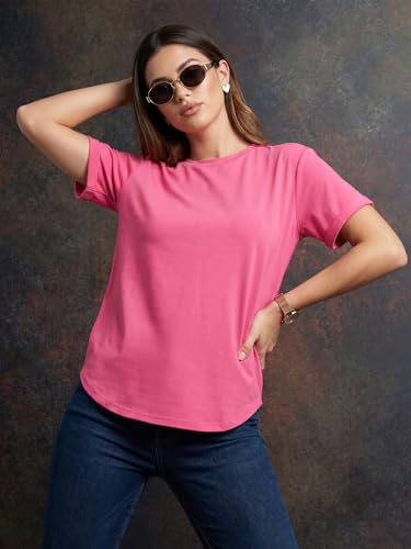Image of JUNEBERRY Pure 100% Cotton Oversized Loose Fit Drop Shoulder Round Neck Boyfriend Fit Solid Half Sleeves T-Shirt for Women & Girls (Sizes: S to 2XL)
