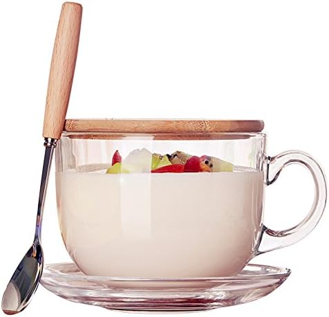16oz Morning Mug Clear Glass Tea Cup Coffee Mug with Bamboo Lid and Saucer,Spoon