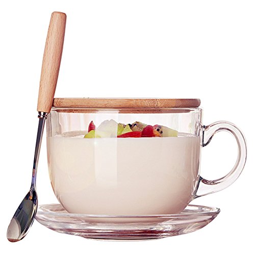 16Oz Morning Mug Clear Glass Tea Cup Coffee Mug With Bamboo Lid And Saucer,Spoon #TOP3