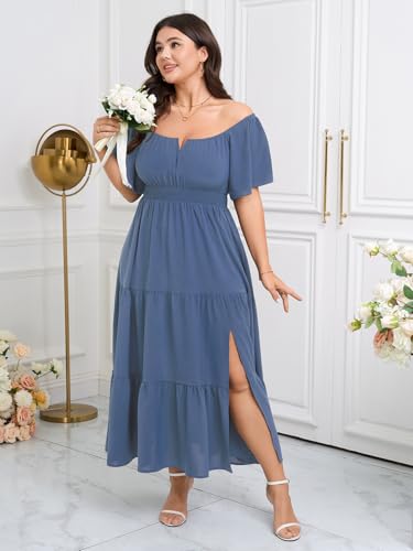 Image of SCOMCHIC Womens Plus Size Maxi Dress Formal Short Sleeve Square Neck Smocked Side Split Flowy A Line Tiered Long Dress