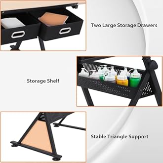 MDF Adjustable Drafting Drawing Table Desk Tiltable Tabletop Craft Station Art-hobby Table with Stool and 2 Drawers for Writing Art Craft Work Station