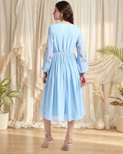 Image of Amazon Brand - INKAST Women Embroidered V-Neck Chiffon A-line Dress | Casual & Semi-Formal Everyday Office Wear | Long Sleeve | Knee Length