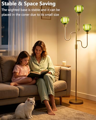 Image of Lightdot Dimmable Green Glass Floor Lamp Mid Century Modern Gold Floor Lamps with Warm White Bulbs Included 3-Arm Standing Tall Lamp with 5Lbs Heavy Base for Living Room /Bedroom /Home Office