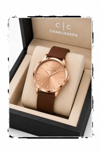 Image of CHARLIEKEEN Rose Gold Dial Watch with Brown Silicone Strap | ROSE GOLD Case, Minimalist Design, Stick Hour Markers, Casual Wear