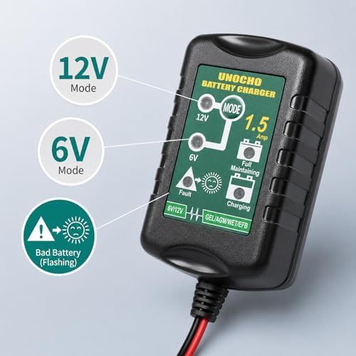 Unocho 6V/12V Battery Charger Maintainer 1.5A Automatic Trickle Charger Smart Float Charger for Car Motorcycle Lawn Mower Boat ATV Snowmobile Lead-Acid AGM GEL SLA VRLA WET Batteries — view 7
