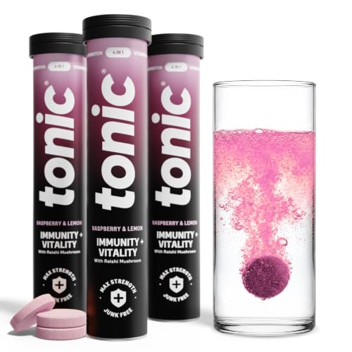 Image of Tonic Health Immunity & Vitality Tablets - 4-in-1 Effervescent Multivitamins and Nutrients - Vitamin D, Vitamin C and Zinc - Vegan, No Sugar- Max Strength Tablets, Raspberry & Lemon, 60 Count