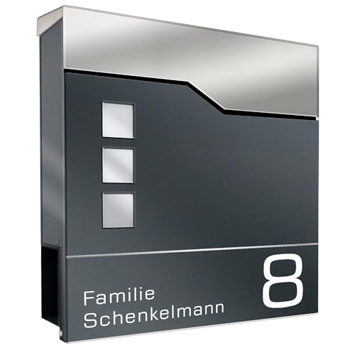 Zalafino Briefkasten mit Name und Hausnummer in anthrazit – individualisierbarer Design-Briefkasten aus pulverbeschichtetem Stahl mit Zeitungsrolle, Briefschlitz und Sichtfeldern, Model Tirros