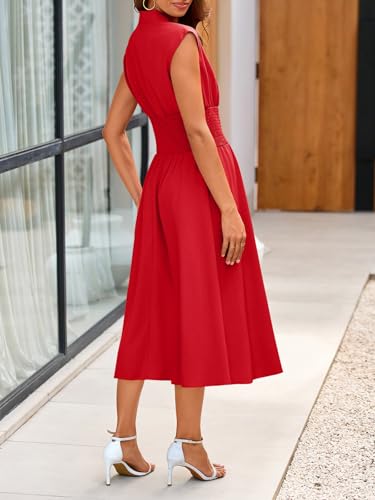 Image of Wenrine Womens Summer Smocked Midi Dress Casual Zipper V Neck Cap Sleeve High Slit Flowy Long Dresses Red