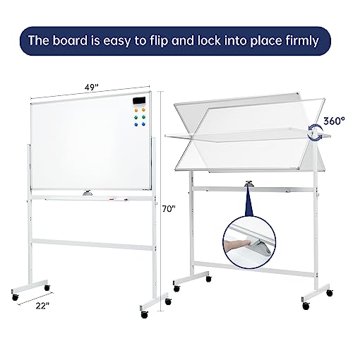 Image of Large Dry-Erase Rolling Magnetic Whiteboard - 48 x 32 Inches White Board Height Adjust Double Sides Mobile Portable Easel on Wheels, Dry Erase Board with Stand for Office, Home & Classroom
