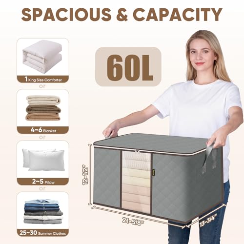 BALEINE 6 Pack Clothes Storage Bags, 16 Gallon Storage Containers with Reinforced Handle, Sturdy Zipper, Closet Organizer for Blanket, Comforter, Pillow, Bedding (Grey, 6 Pack) - Thumbnail 3