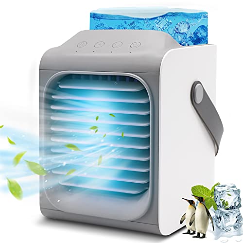 Portable Air Conditioner Fan, XINQIHAO Personal Mini Air Conditioner with Head Shaking & Air Humidifier & Air Purifier & 7 Color Night Light, Rechargeable Evaporative Air Cooler for Room Office