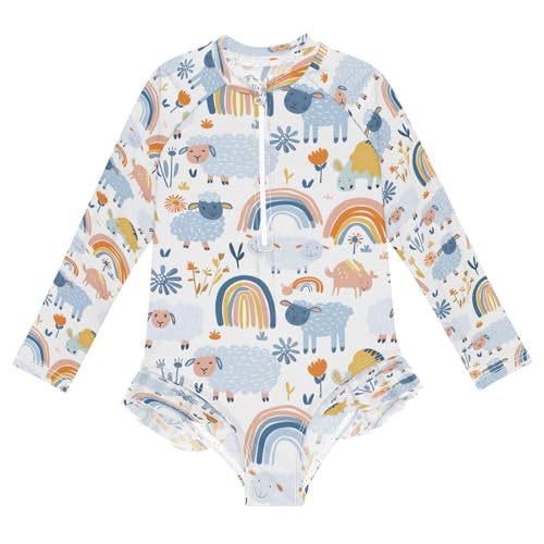 Rainbow Cute Sheep Girls Long Sleeve Swimsuits One Piece Zipper Bathing Suit UPF 50+ Rashguard Swimwear