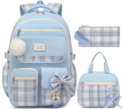 Image of Backpack for School Girls, 3Pcs Kids Cute Bookbag with Lunch Box Pencil Pouch, Student Pack Fits 15.6 Inch Laptop for Teens bag for Kindergarten Elementary Preschool Middle School, Blue Tartan