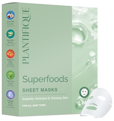 PLANTIIFIQUE Mascarilla Facial Coreana con Ácido Hialurónico, 10 Unidades - Aloe Vera, Melocotón, Coco, Centella, Colágeno y Coenzima Q10 - Hidratante y Calmante - Korean Daily Face Mask