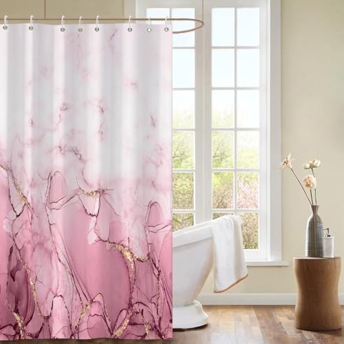 Rideau de douche imperméable effet marbre rose avec œillets et crochets robustes