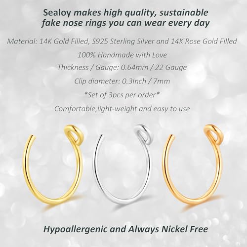 Set of 3 - Fake Clip On Nose Ring Hoop for Women - No Piercing Needed Nose Cuff - 22 Gauge - 7mm - Faux Nose Septum Ring - Gold, Sterling Silver, Rose Gold - 22g2