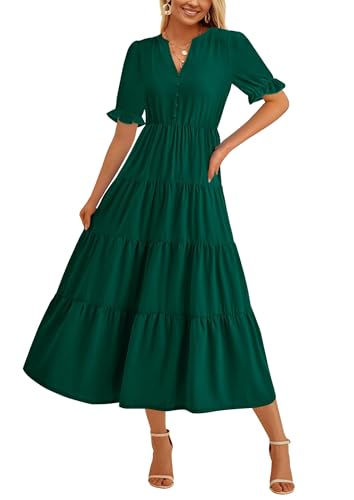 PRETTYGARDEN Women's Summer Casual Short Sleeve V Neck Midi Dresses 2025 Spring A-line Tiered Wedding Guest Dress (Green,Small)