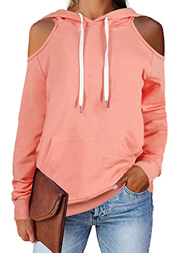Cutiefox Sweatshirts for Women Hoodie Pullover Cold Shoulder Cut Out Hooded Sweatshirt with Pockets Pink S
