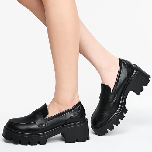 Image of Black Penny Loafers for Women - Women's Slip-On Platform Patent Leather Loafers, Chunky Comfort Shoes for Work & Dressy Occasions