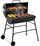 Charcoal BBQ Grill Oil Drum Portable Camping Barbecue Patio Barrel BBQ on Wheels Black Heavy Duty Charcoal Barbecue & Smoker Grills with warming grill, Temperature Gauge & Wheels BBQ for Outdoor