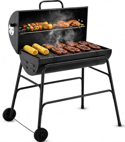 Charcoal BBQ Grill Oil Drum Portable Camping Barbecue Patio Barrel BBQ on Wheels Black Heavy Duty Charcoal Barbecue & Smoker Grills with warming grill Temperature Gauge & Wheels BBQ for Outdoor