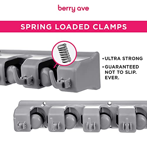 Image of Combo 5 Slot Broom Holder w / 1 Self Adhesive Mop Gripper No-Drilling, Wall Mount Tool Organizers For Kitchen, Garage, Laundry Room- Anti-Slip Hanger For Brooms, Mops, Rakes, Dustpans (Grey / White)